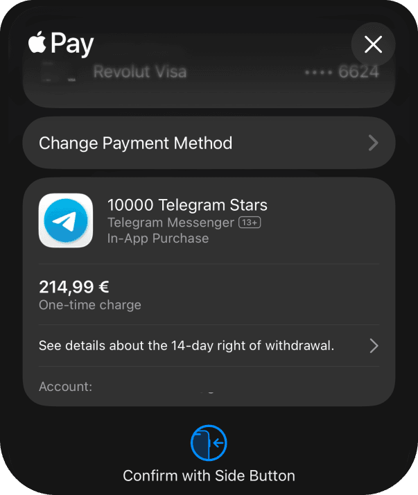 Confirming a Telegram Stars purchase with Apple Pay
